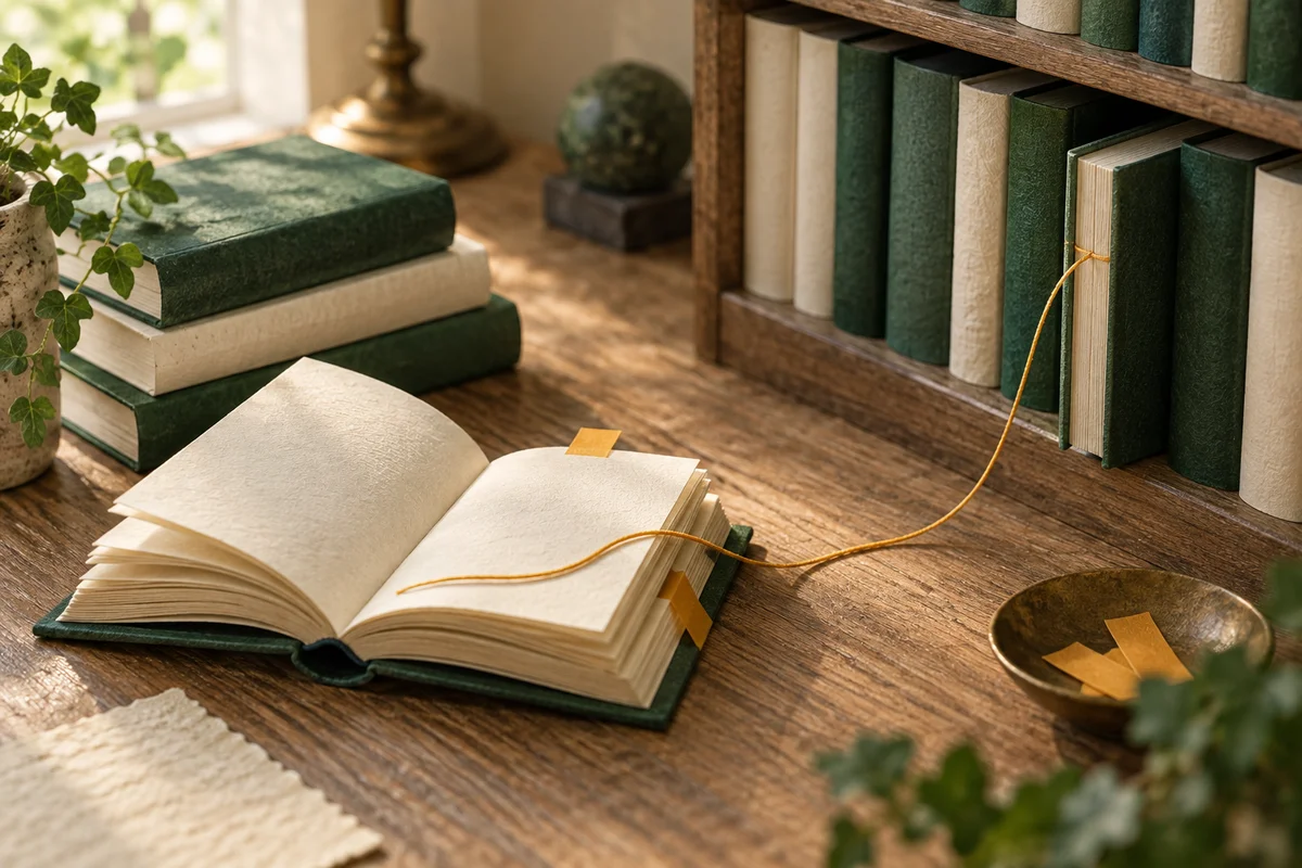 An amber thread leading from an open book to another book on a shelf