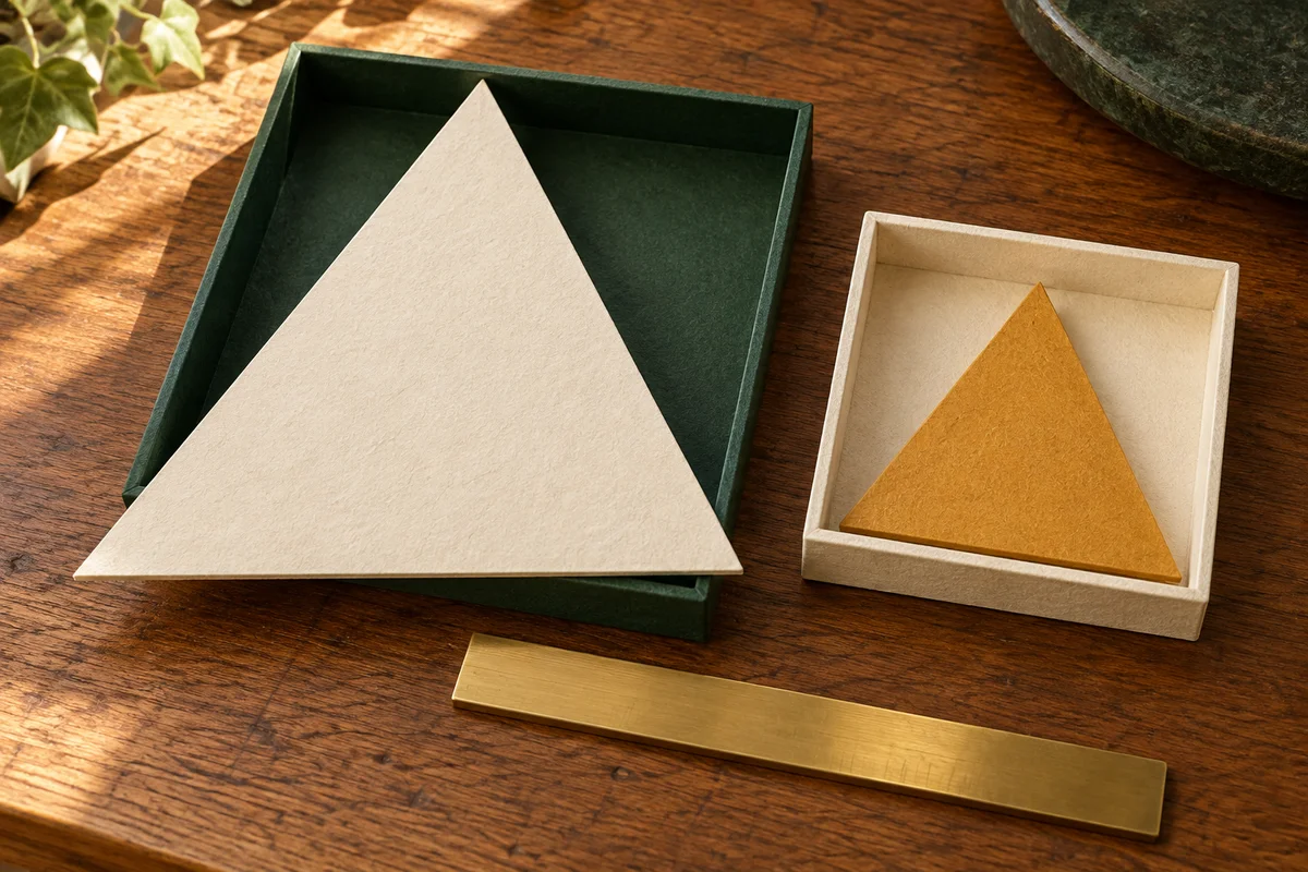 A large ivory paper triangle extending beyond a green tray beside a smaller ochre triangle in another tray