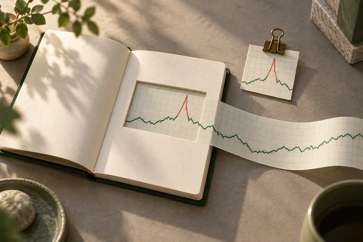 A graph-paper ribbon passing through an open notebook beside a clipped piece preserving a spike